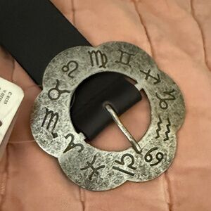 Free People Black Belt with Silver Zodiac Buckle NWT